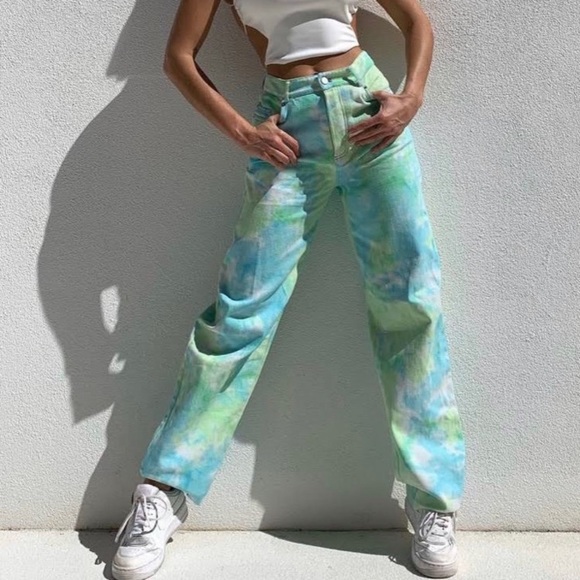 Tiger Mist Denim - Tiger Mist white blue and green tie dye wide leg high rise jeans with button fly